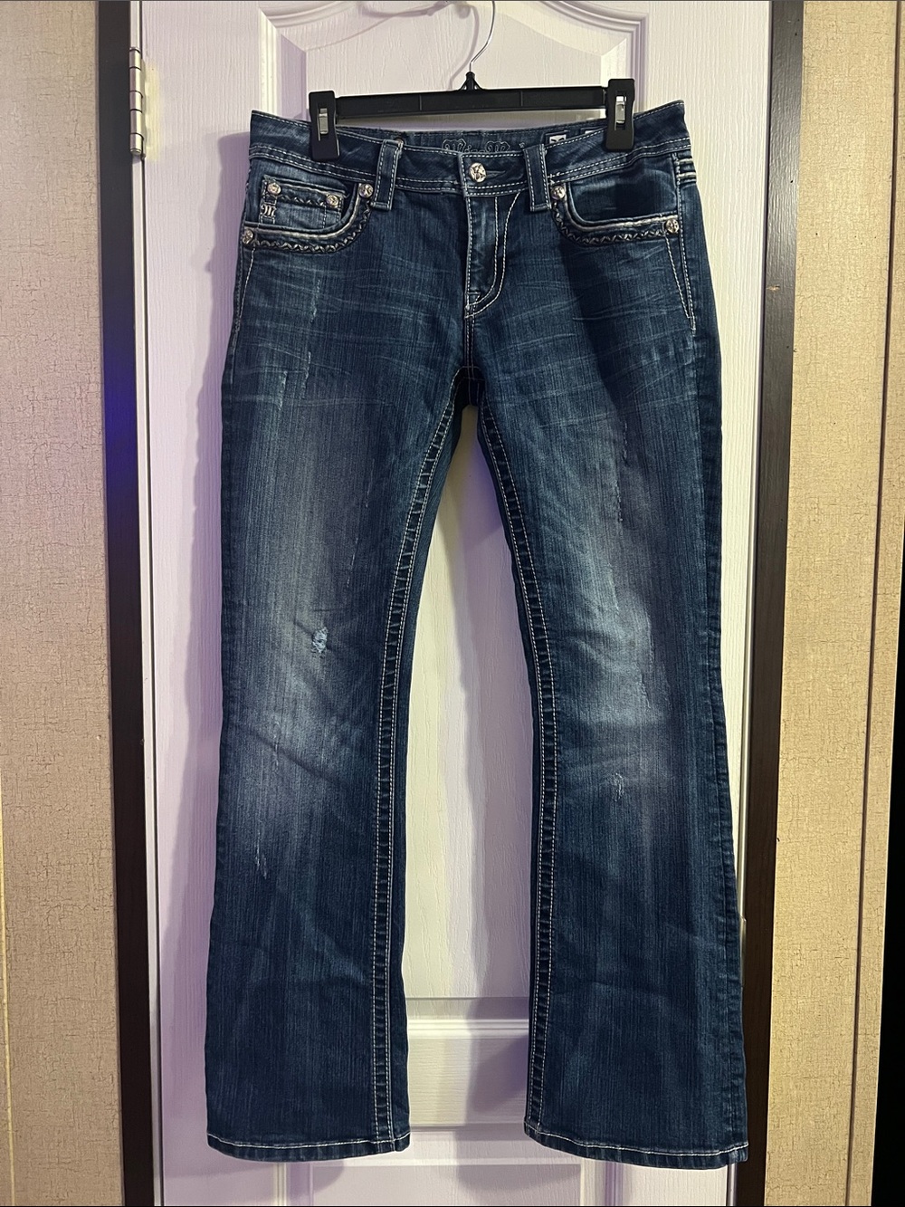 Miss Me Dark Blue Flared Jeans with Embellished Pockets